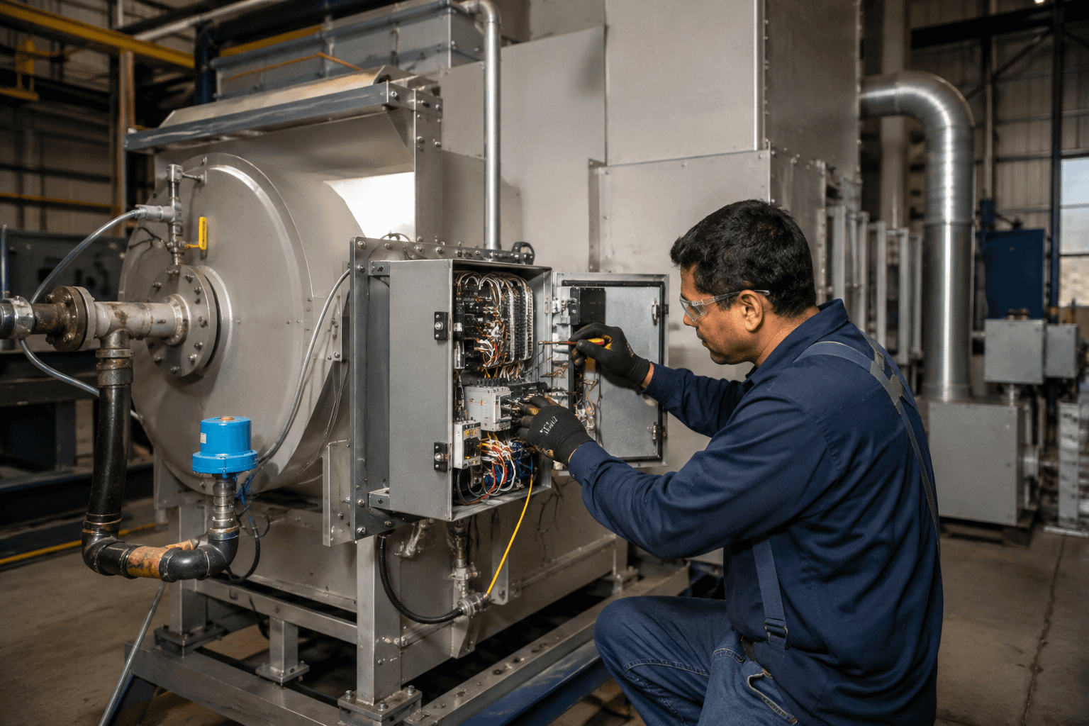 Technician inspecting an industrial thermal oxidizer control panel