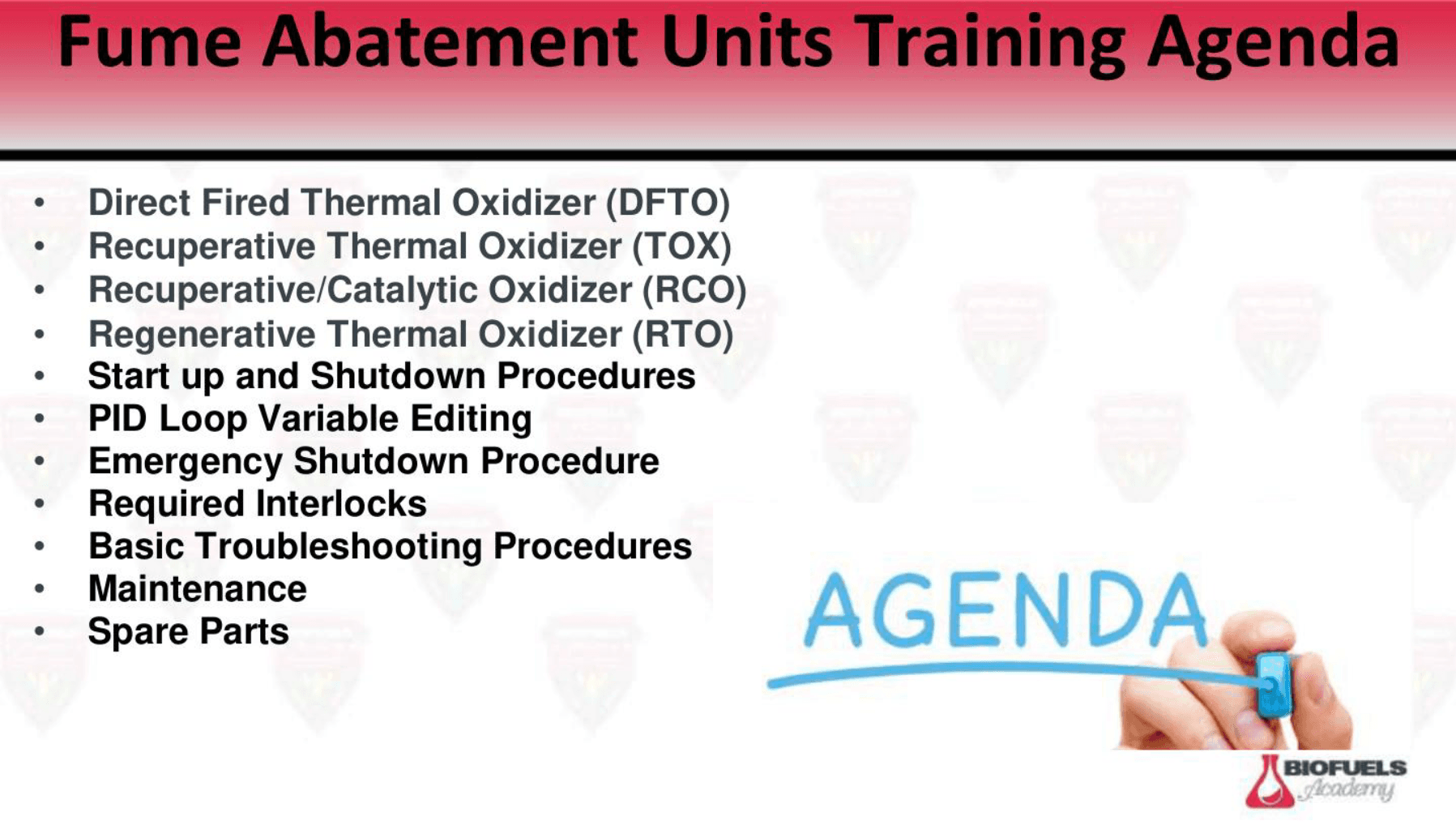 Biofuels Academy fume abatement systems training agenda slide